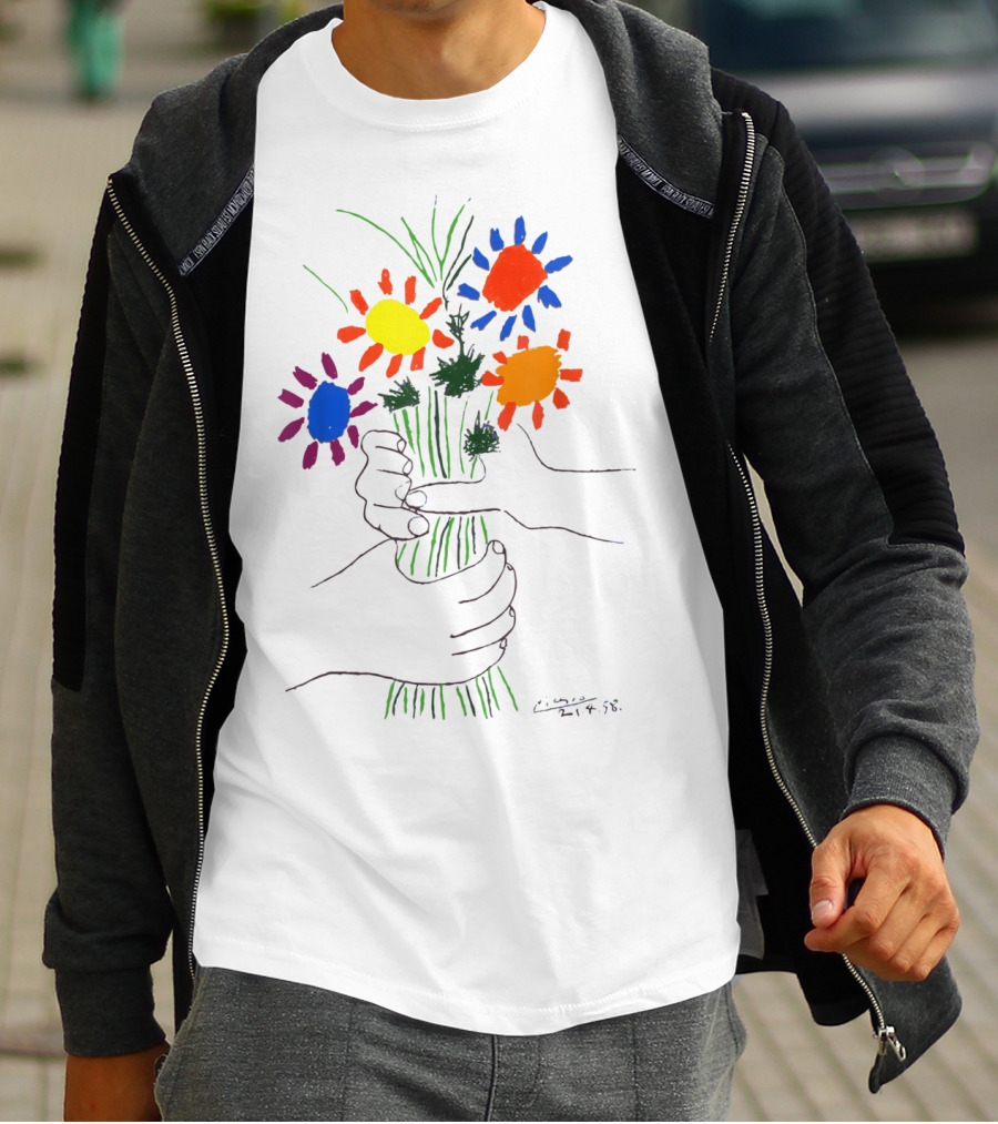 Pablo Picasso Colorful Bouquet With Hands Of Peace Signature 1958 T-Shirt