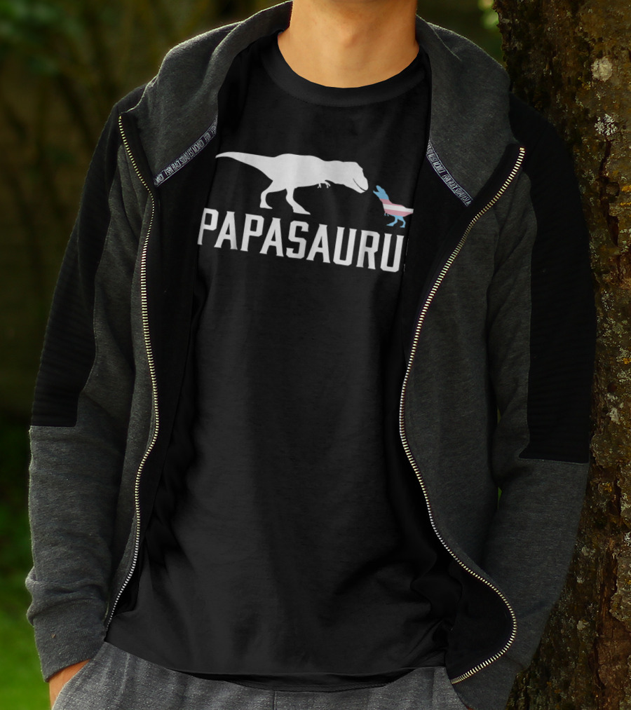 Papasaurus Transgender Flag T-Rex And Baby Dinosaurs T-Shirt