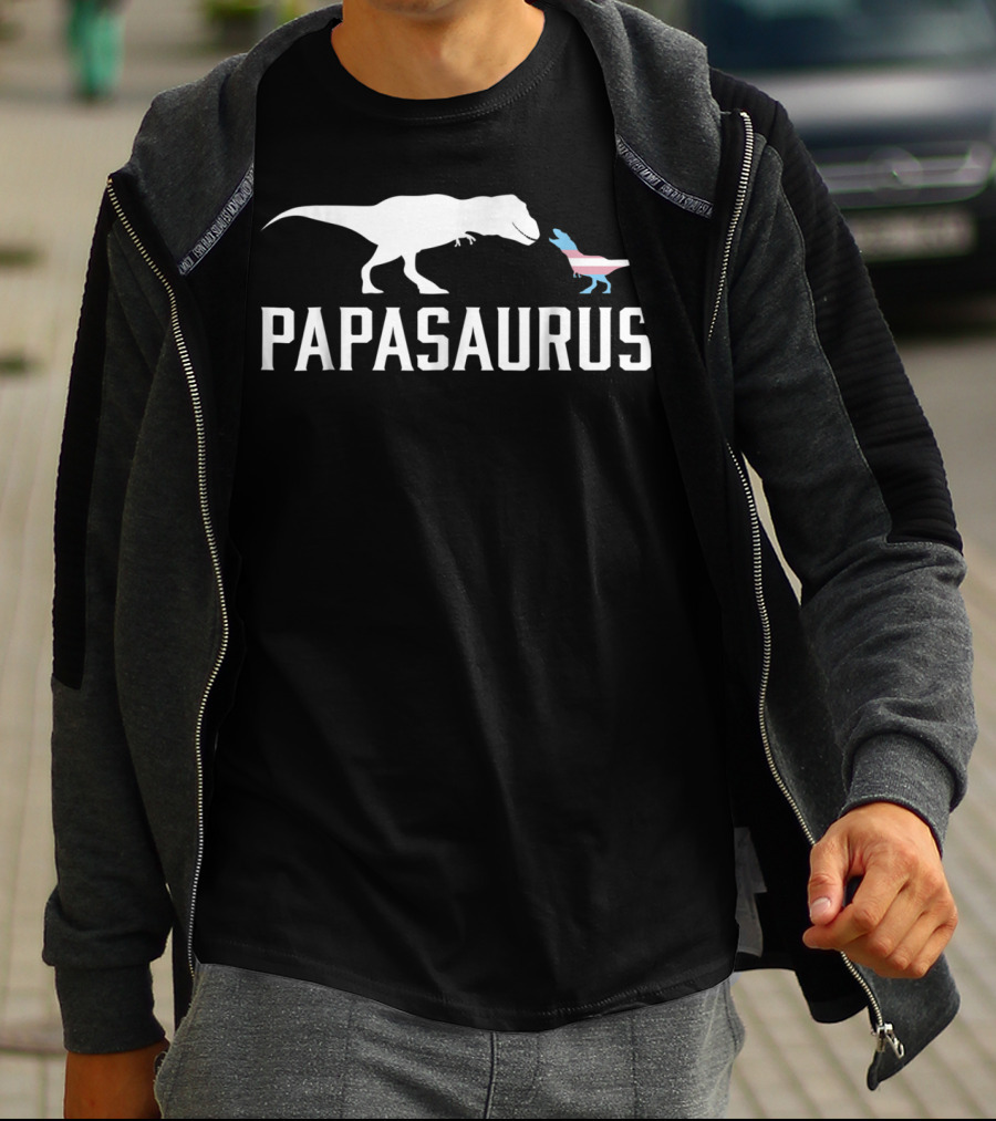 Papasaurus Transgender Flag T-Rex And Baby Dinosaurs T-Shirt