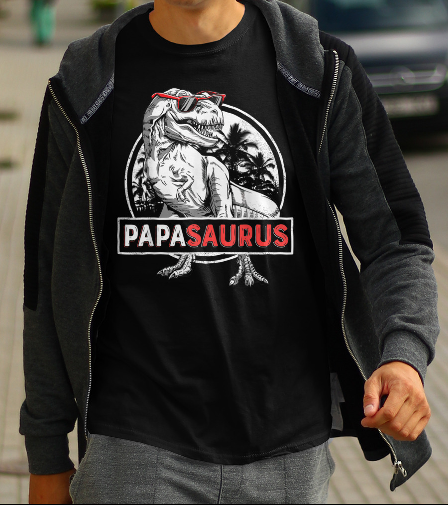 Papasaurus Rex Dinosaur With Sunglasses And Palm Trees T-Shirt