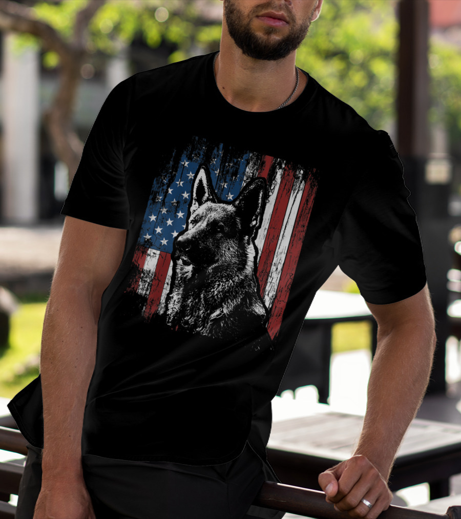 Patriotic German Shepherd With American Flag Background T-Shirt