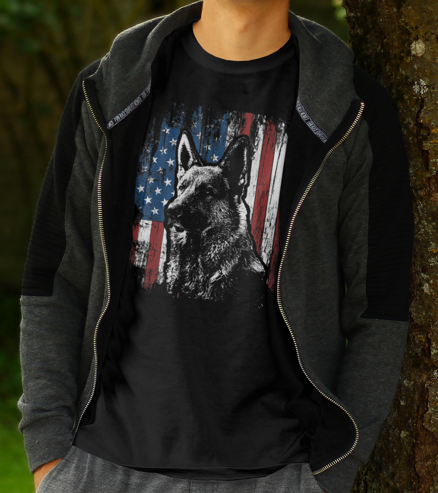 Patriotic German Shepherd With American Flag Background T-Shirt
