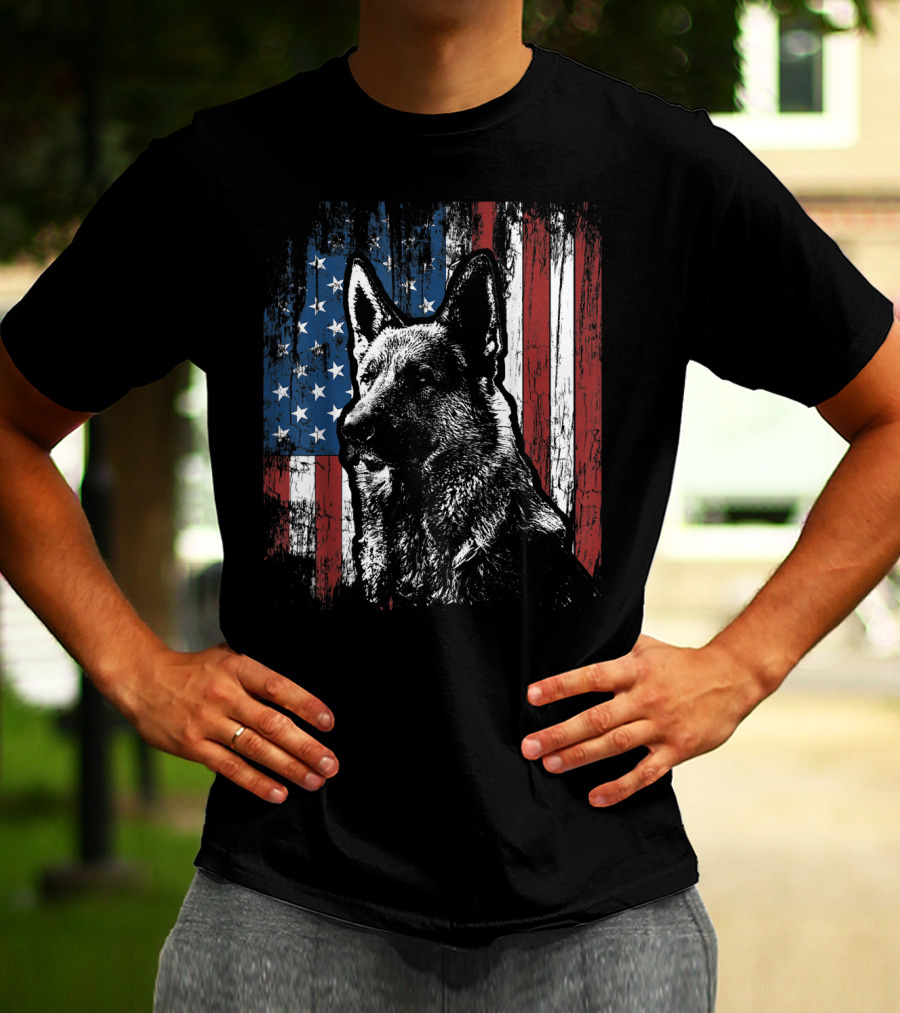 Patriotic German Shepherd With American Flag Background T-Shirt