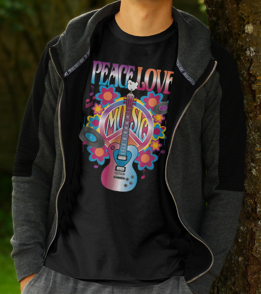 PEACE LOVE MUSIC Guitar Dove Vinyl Records Flower Symbols T-Shirt