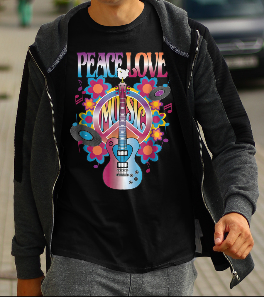 PEACE LOVE MUSIC Guitar Dove Vinyl Records Flower Symbols T-Shirt
