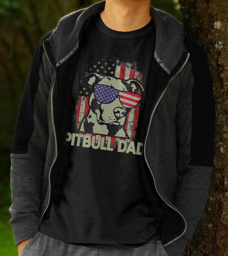 Pitbull Dad USA Flag Sunglasses American Fourth Of July T-Shirt