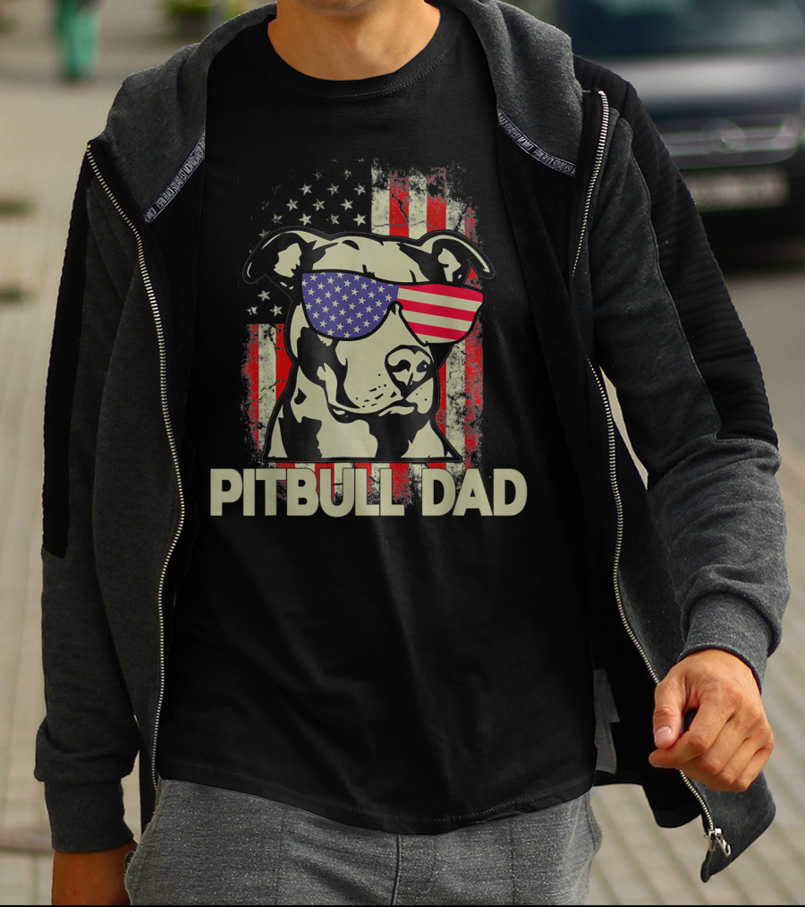 Pitbull Dad USA Flag Sunglasses American Fourth Of July T-Shirt