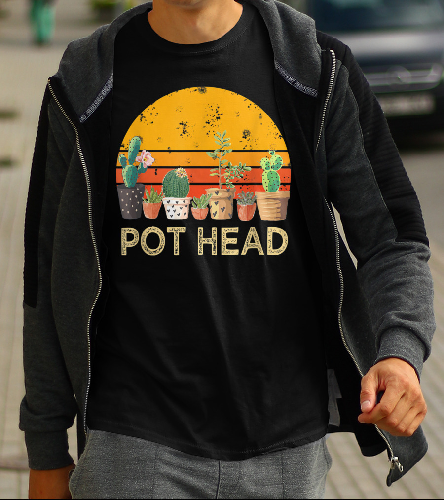 Pot Head Stone Flowers Cactus Vintage Sunset T-Shirt