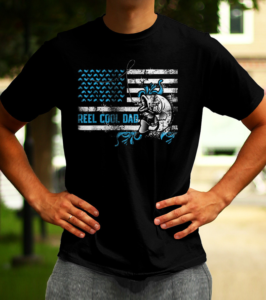 Reel Cool Dad Father's Day Fishing Funny Fisherman With American Flag And Cartoon Fish T-Shirt