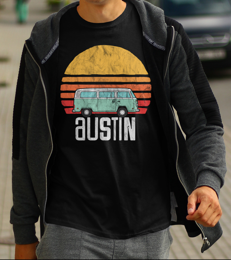 Retro Austin Texas Hippie Van Sunset Beach Bum Surfer T-Shirt