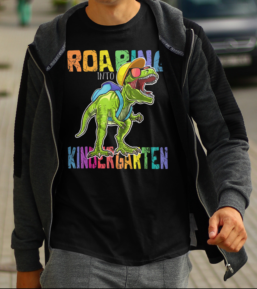 Roaring Into Kindergarten Dinosaur Rex With Backpack And Sunglasses T-Shirt
