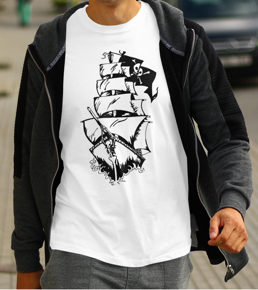 Pirate Ship With Jolly Roger Flag And Skeleton Captain T-Shirt