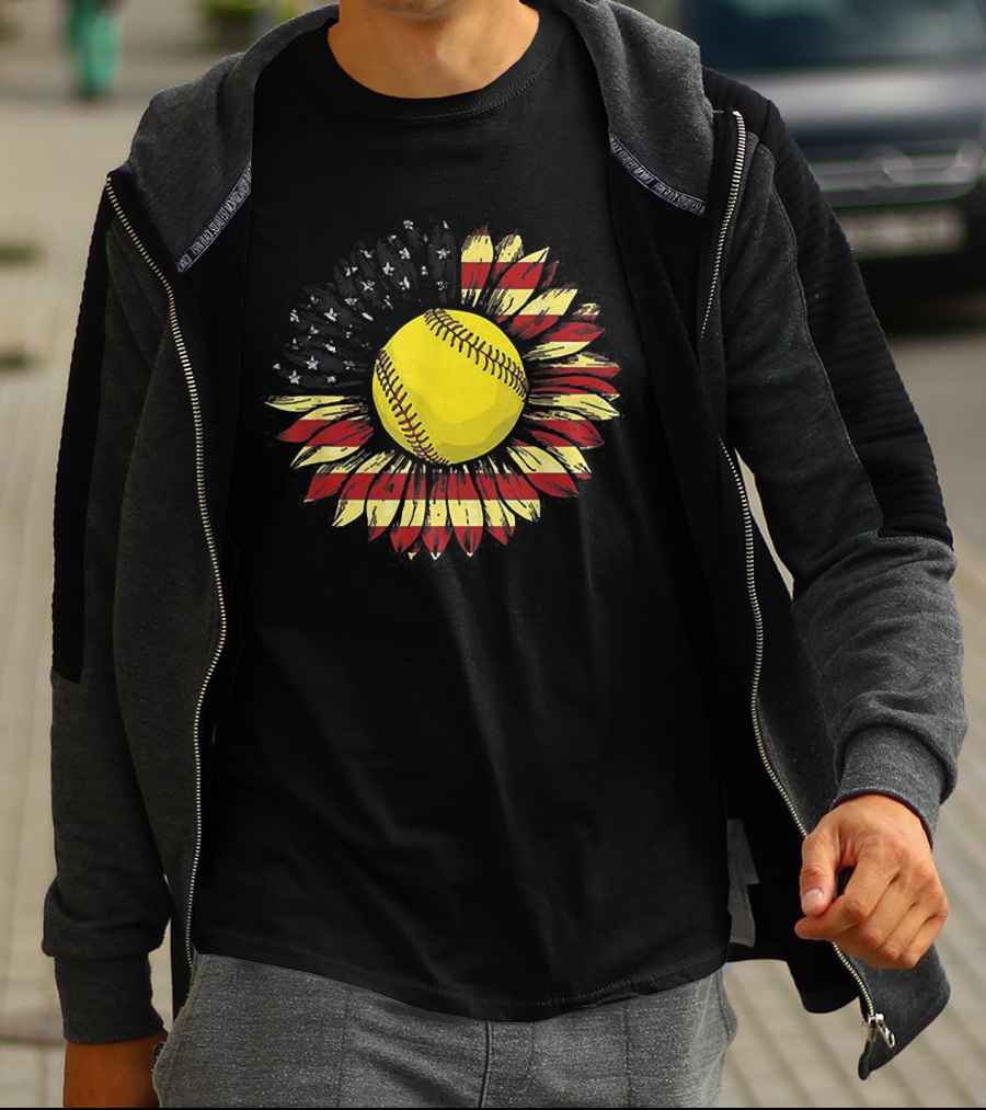 Sunflower Softball American Flag Baseball Stitching Sunflower Petals USA Colors T-Shirt