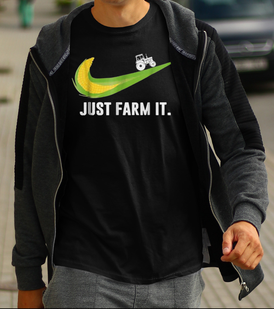 Just Farm It Maize Farmer Corn Tractor Swoosh T-Shirt