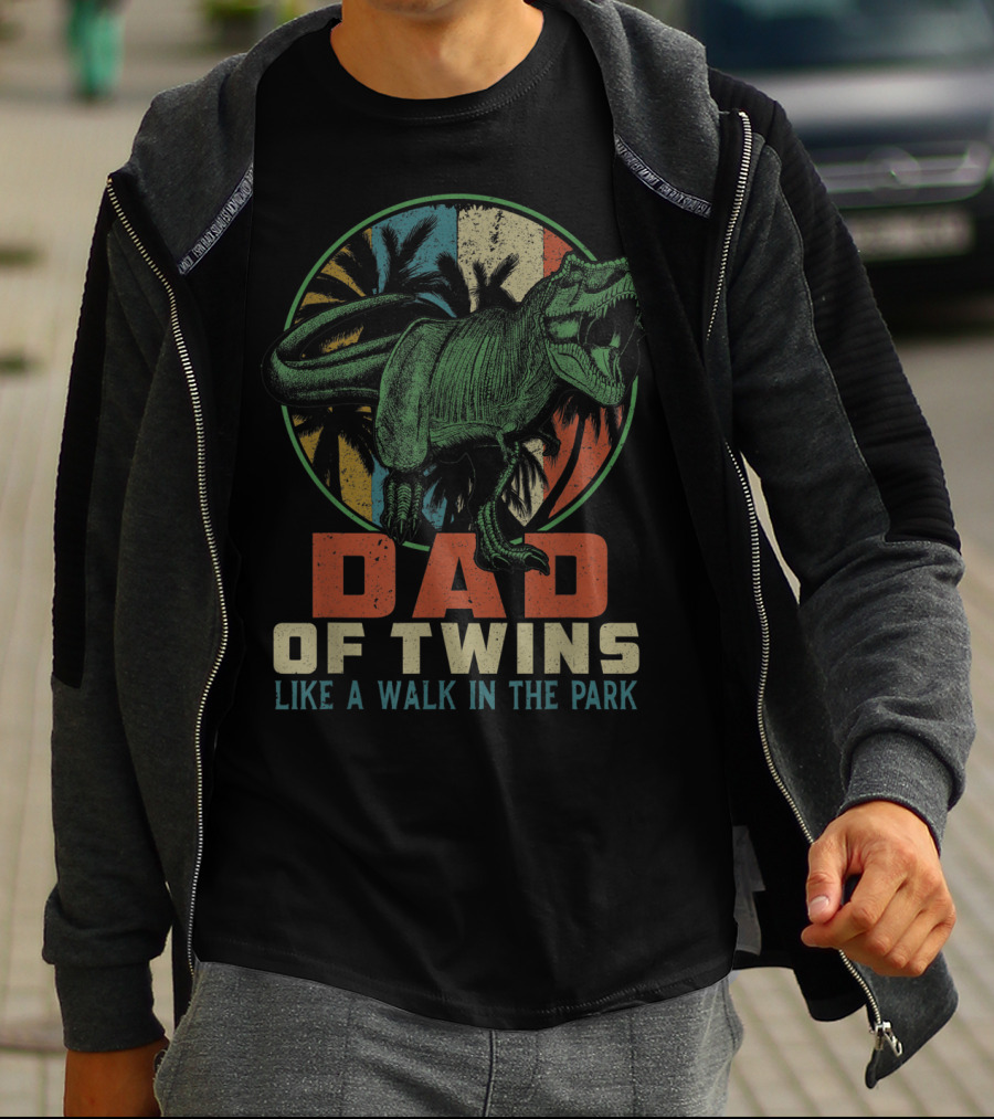Dad Of Twins Like A Walk In The Park Dinosaur T-Shirt