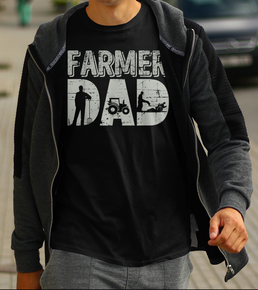 Farmer Dad Farming Tractor And Pitchfork T-Shirt