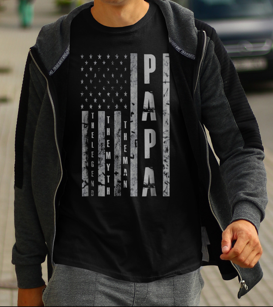 Mens Papa The Man The Myth The Legend American Flag T-Shirt