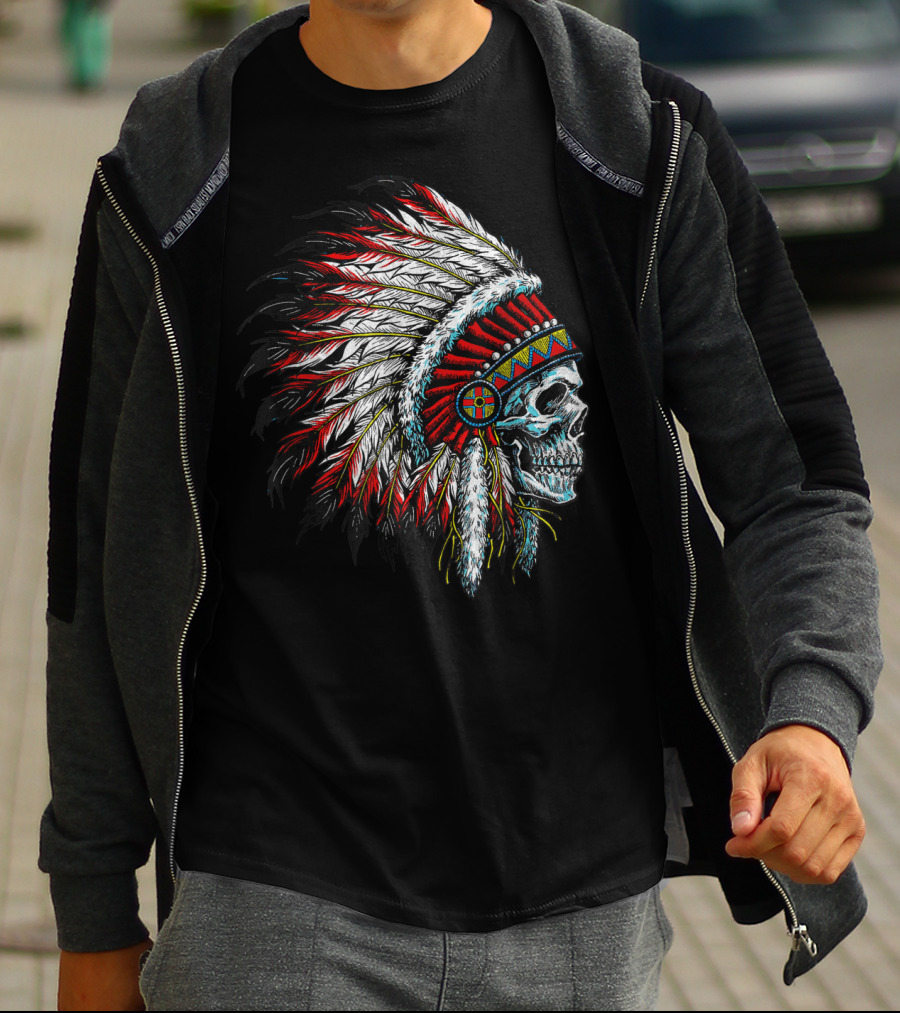 Skull Native Indian Chief Eagle Feather Headdress Vintage American T-Shirt