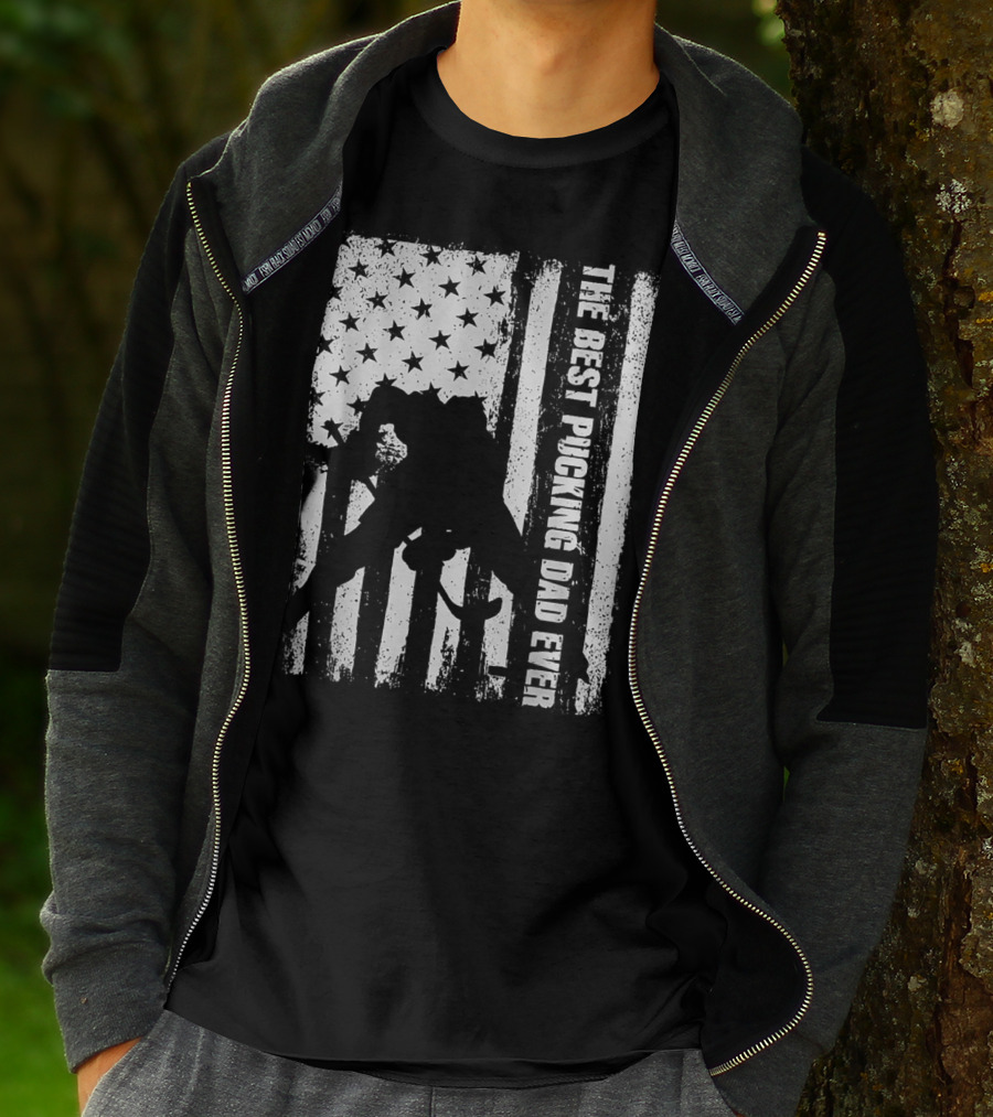 The Best Pucking Dad Ever Flag Hockey Silhouette Stars Stripes T-Shirt