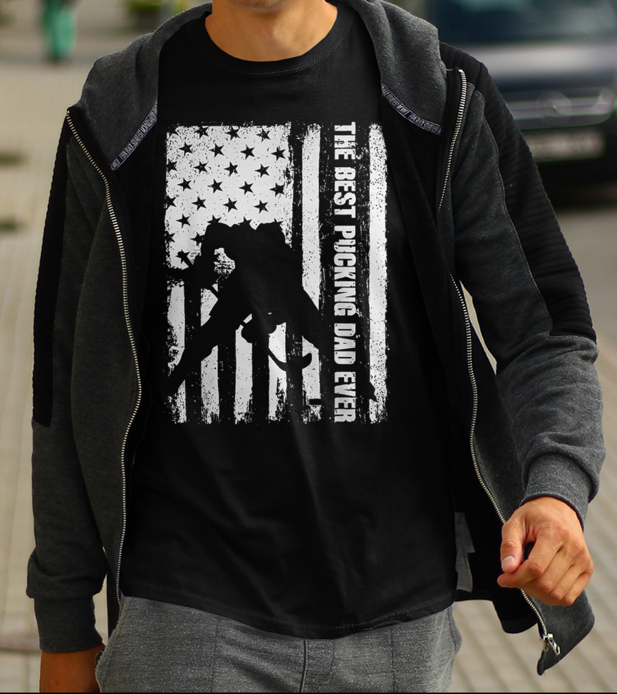 The Best Pucking Dad Ever Flag Hockey Silhouette Stars Stripes T-Shirt