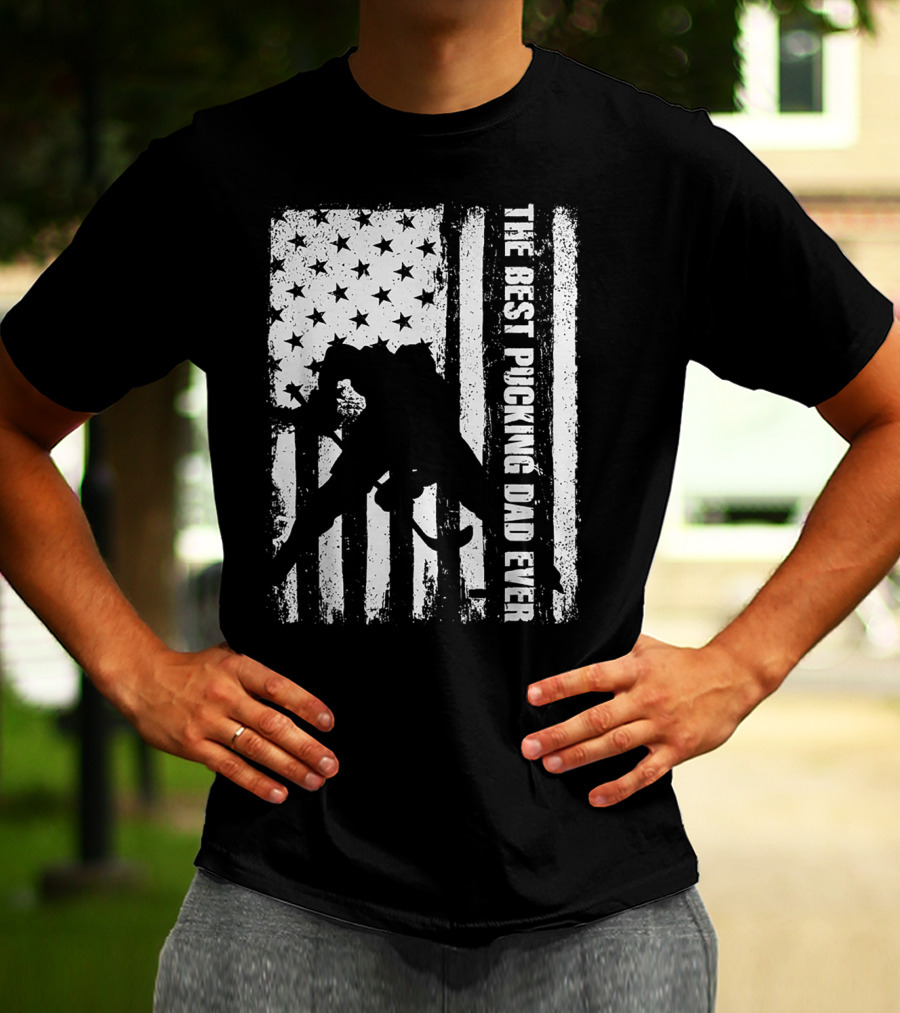 The Best Pucking Dad Ever Flag Hockey Silhouette Stars Stripes T-Shirt