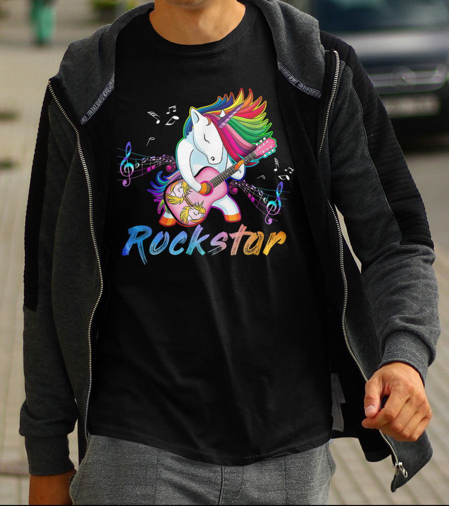 Unicorn Rockstar Rainbow Guitar Music Notes T-Shirt