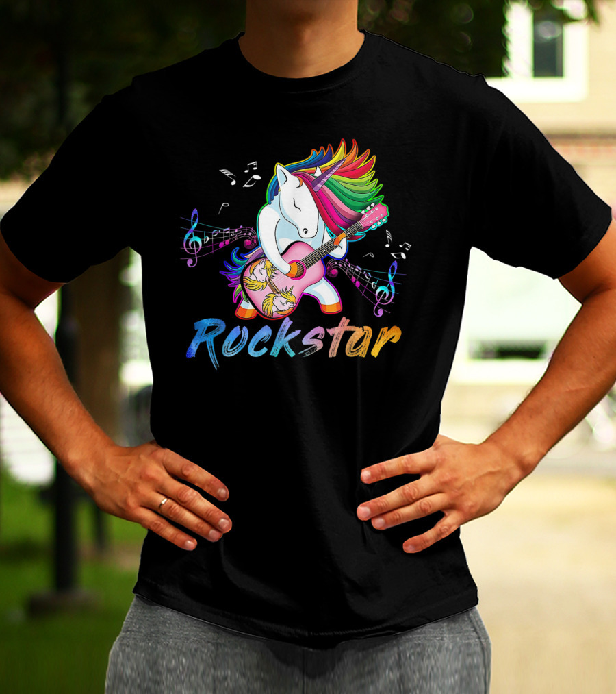Unicorn Rockstar Rainbow Guitar Music Notes T-Shirt