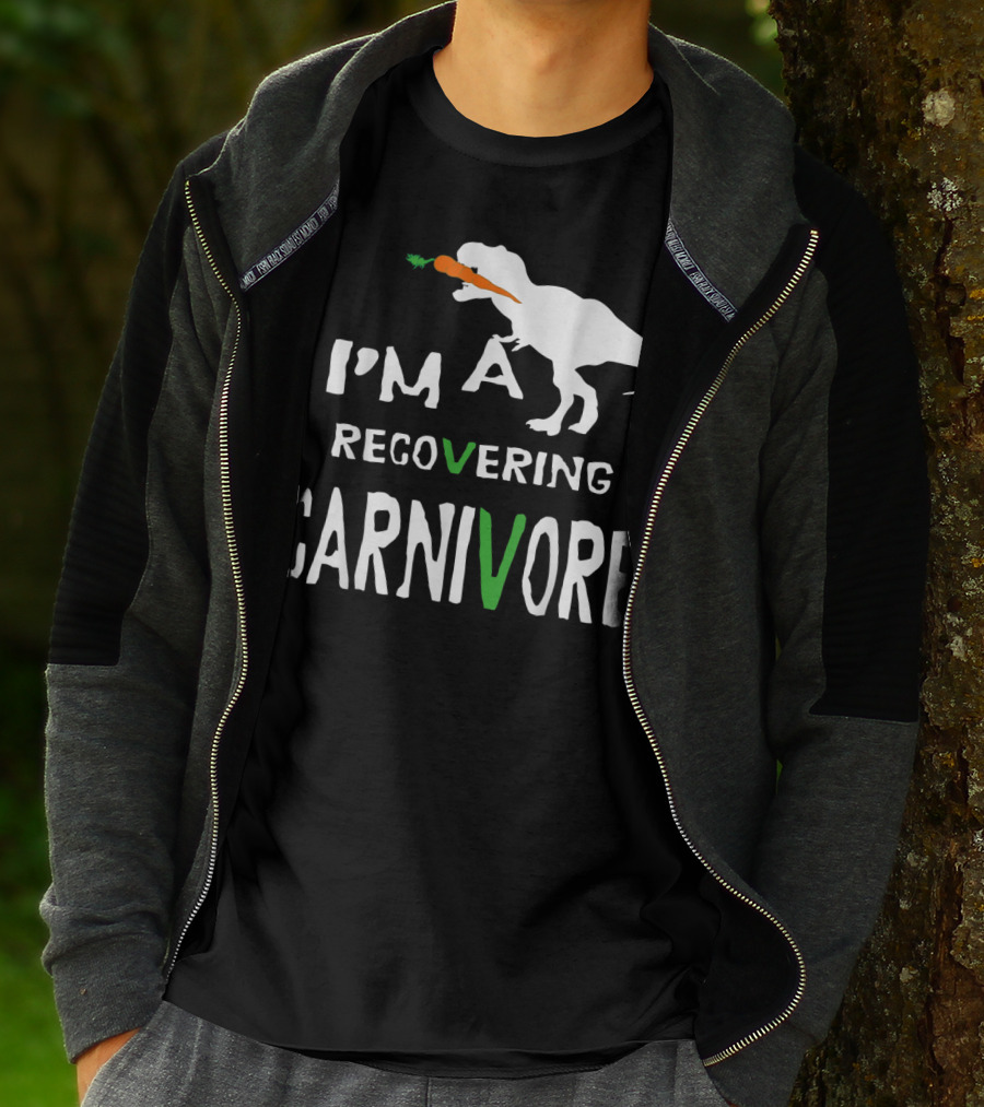 I'm A Recovering Carnivore Funny Dinosaur Vegan Vegetarian Carrot T-Shirt