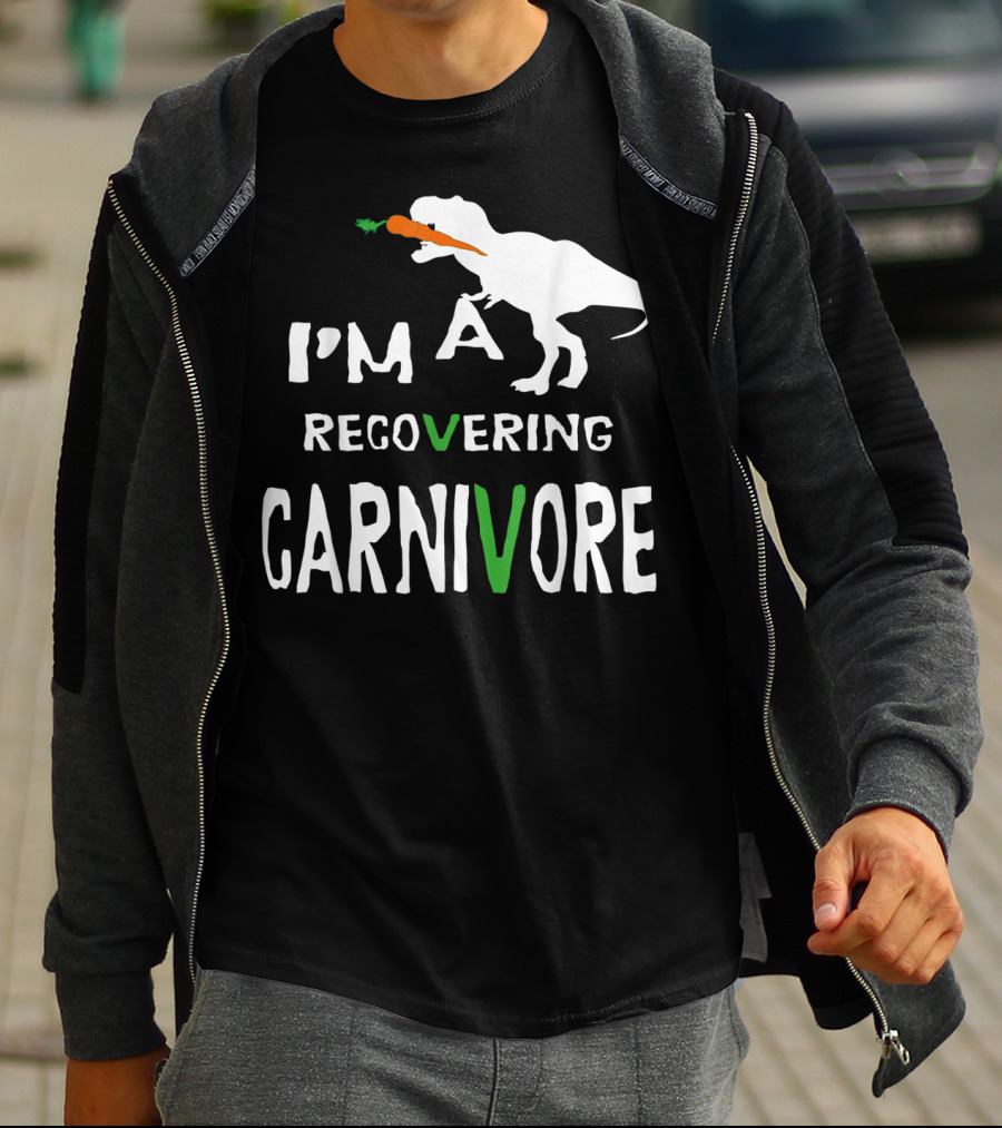 I'm A Recovering Carnivore Funny Dinosaur Vegan Vegetarian Carrot T-Shirt