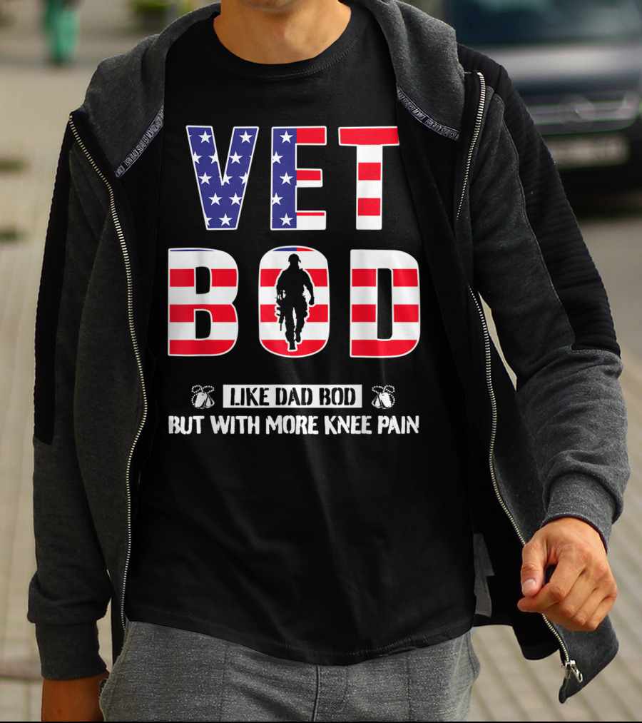 VET BOD Like Dad Bod But With More Knee Pain Veteran Silhouette USA Flag T-Shirt