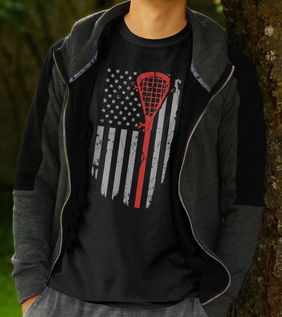 Vintage American Flag Lacrosse Stick Youth USA Patriotic T-Shirt