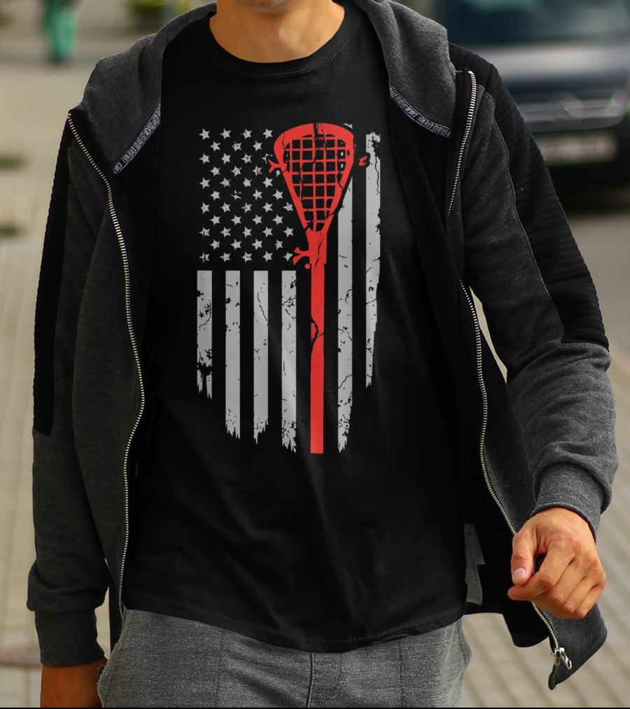 Vintage American Flag Lacrosse Stick Youth USA Patriotic T-Shirt