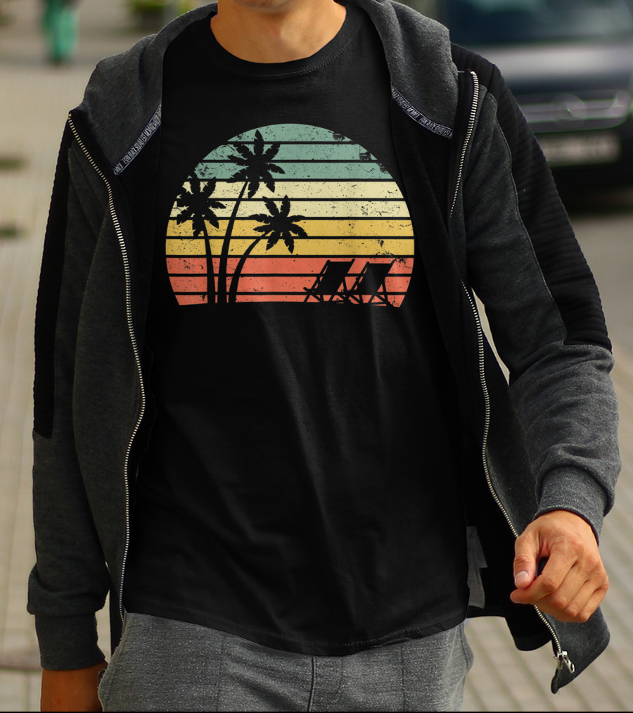 Retro Sunset Palm Trees With Beach Chair T-Shirt