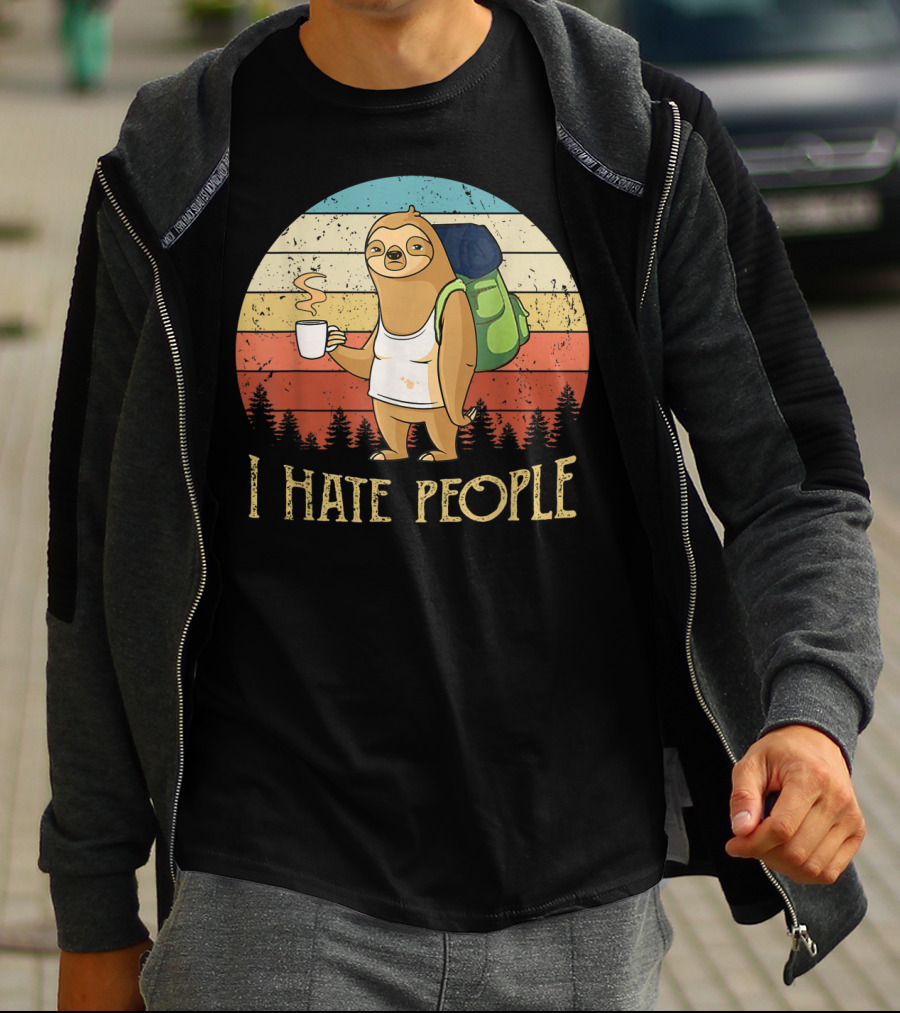 Vintage I Hate People Sloth Camping With Coffee And Backpack Retro Sunset Stripes T-Shirt