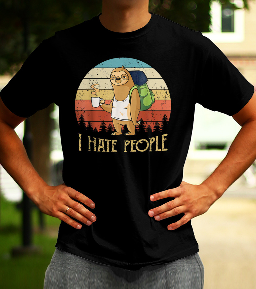 Vintage I Hate People Sloth Camping With Coffee And Backpack Retro Sunset Stripes T-Shirt