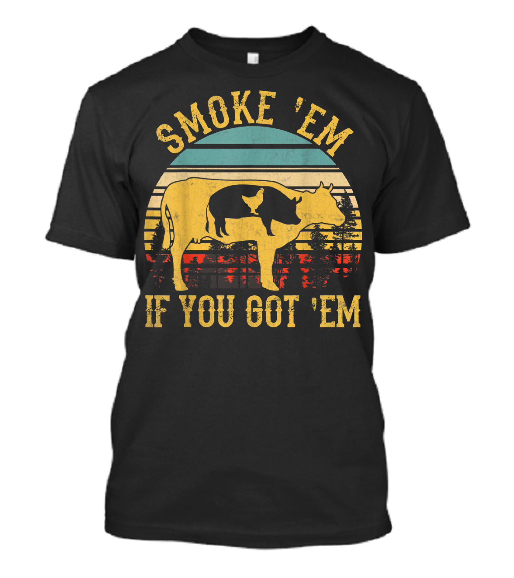 Smoke 'Em If You Got 'Em Vintage BBQ Grilling Cow Silhouette Retro Sunset T-Shirt