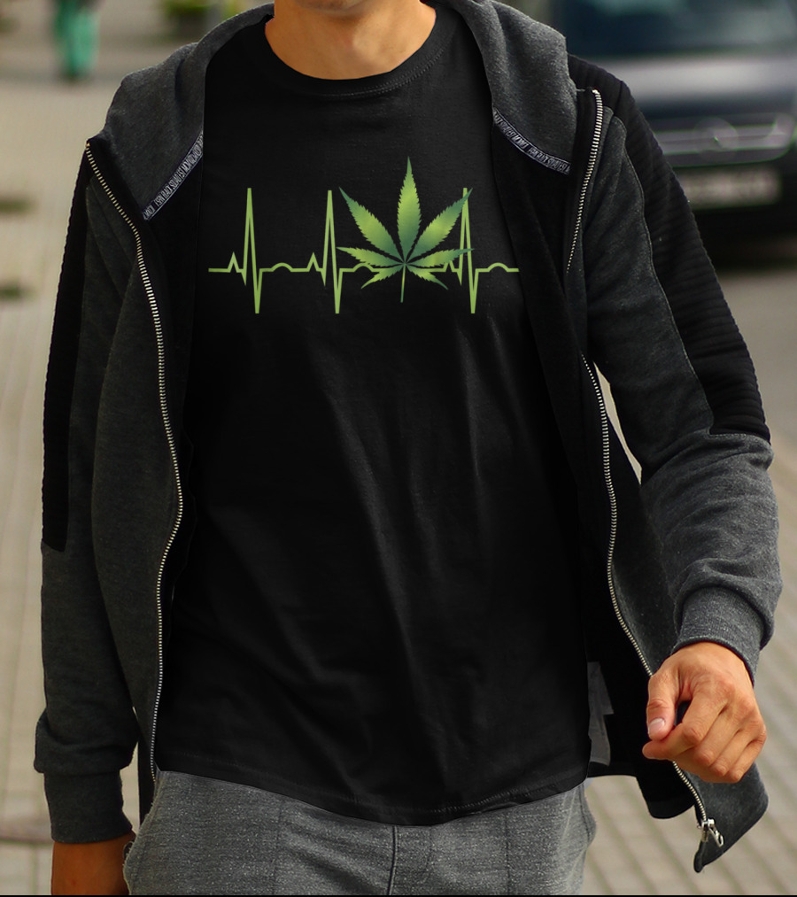 Weed Marijuana Leaf Heartbeat EKG Line T-Shirt