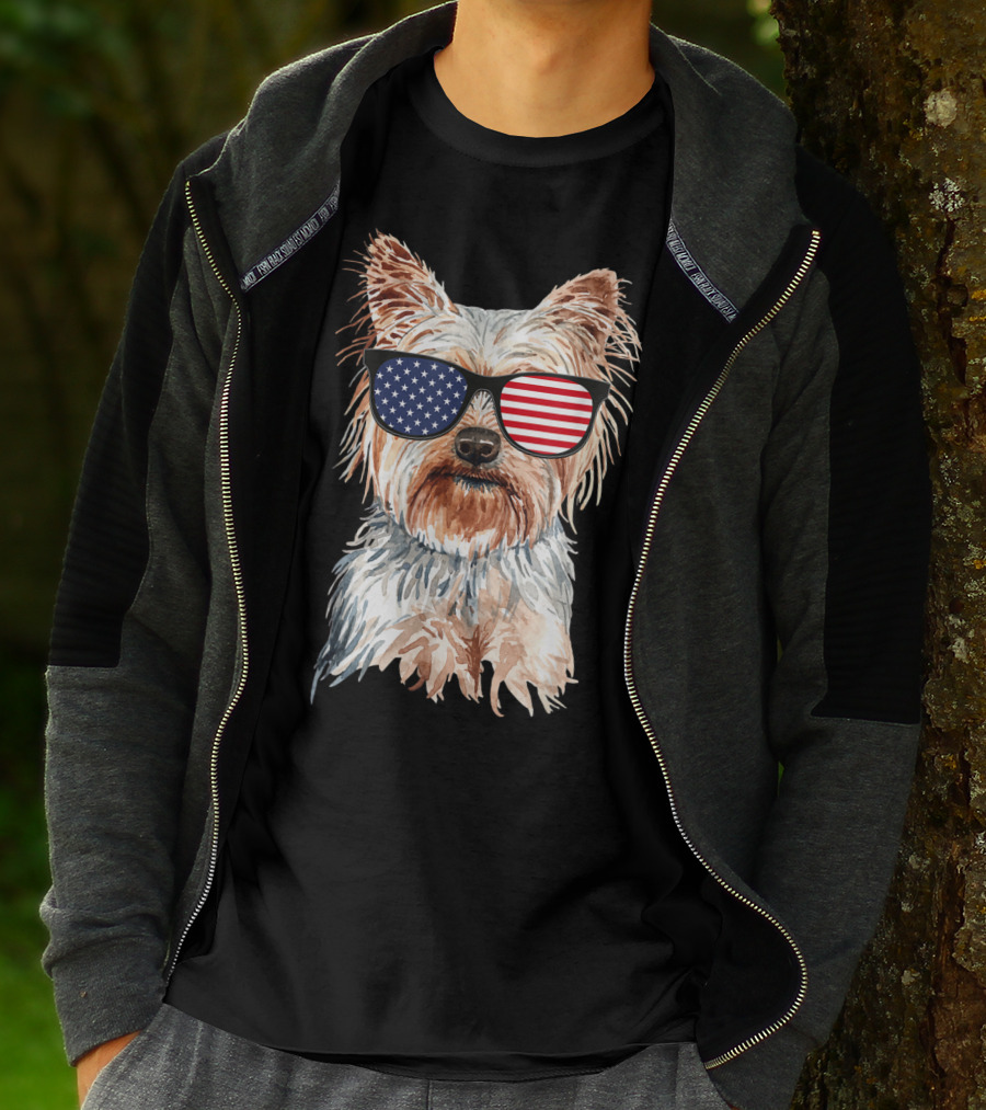 Yorkie Dog With American Flag Sunglasses Patriotic T-Shirt