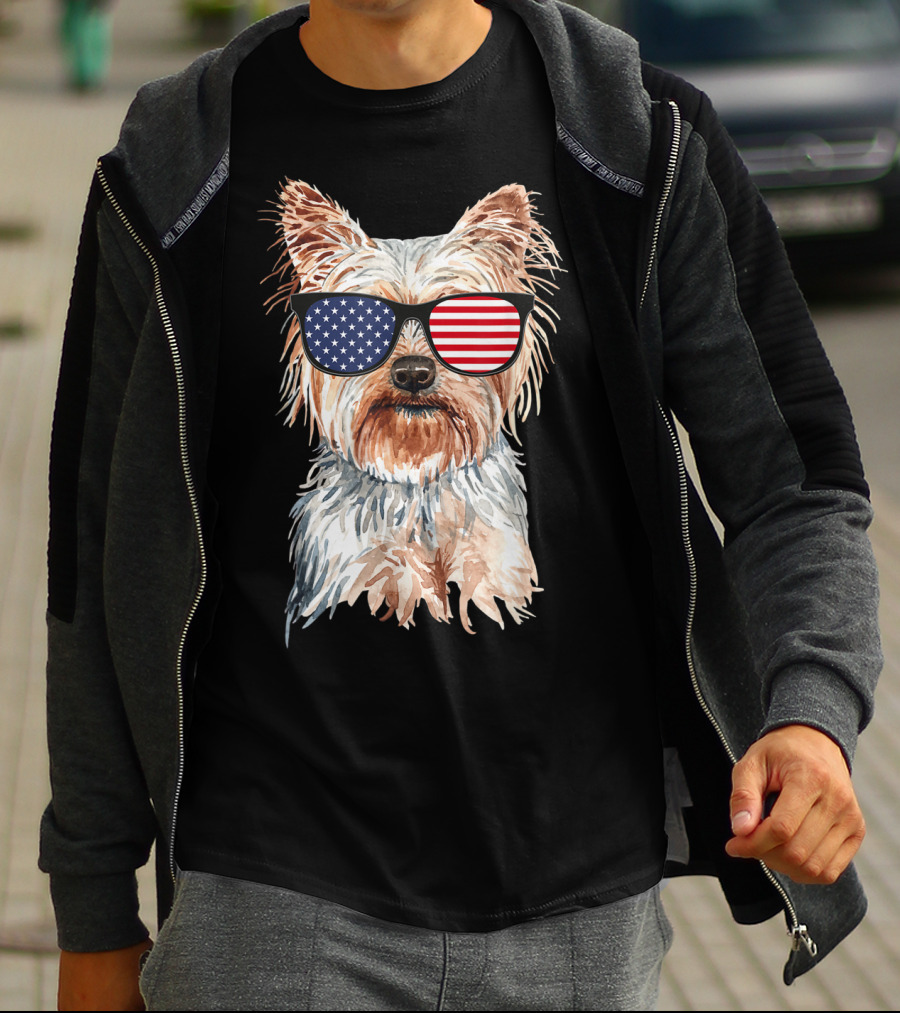 Yorkie Dog With American Flag Sunglasses Patriotic T-Shirt