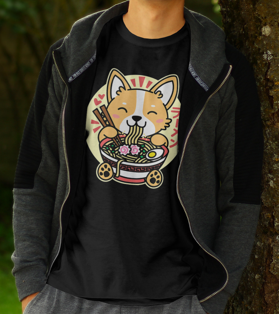 Kawaii Corgi Ramen Cute Anime Dog Japanese Noodles T-Shirt