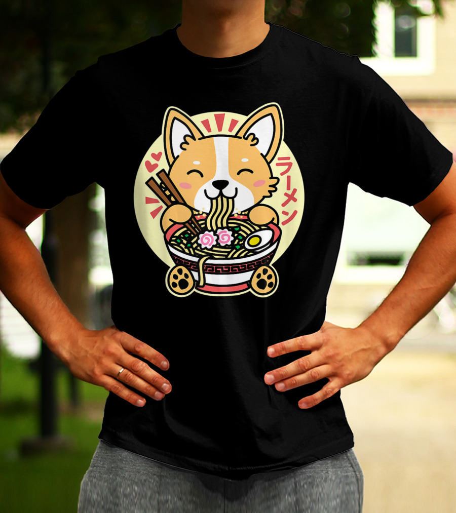 Kawaii Corgi Ramen Cute Anime Dog Japanese Noodles T-Shirt