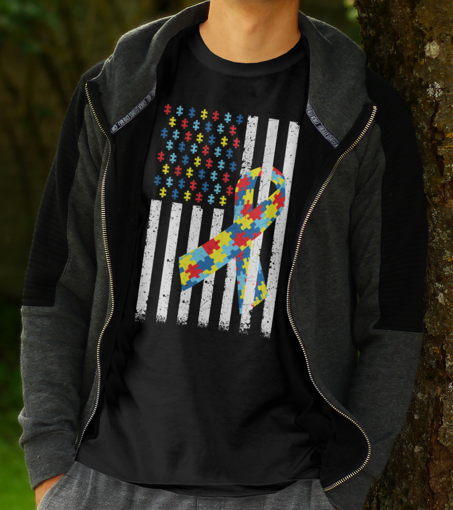 American Flag Jigsaw Puzzle Ribbon Autism Awareness T-Shirt