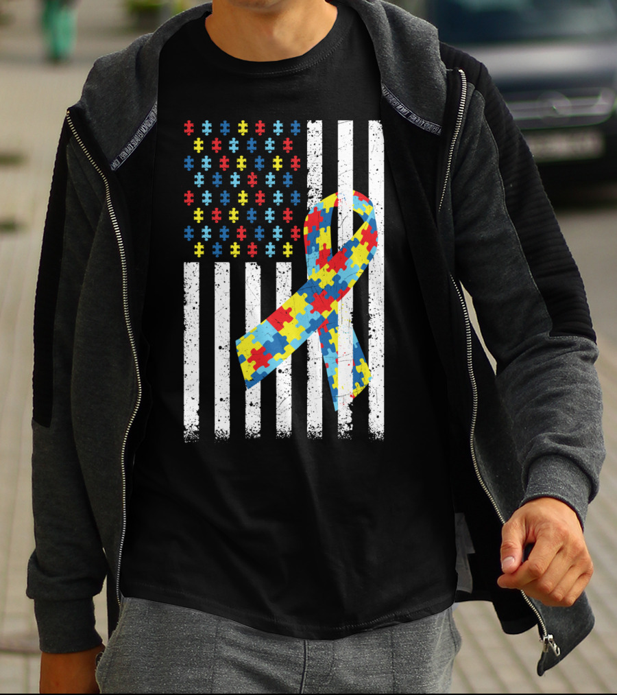 American Flag Jigsaw Puzzle Ribbon Autism Awareness T-Shirt