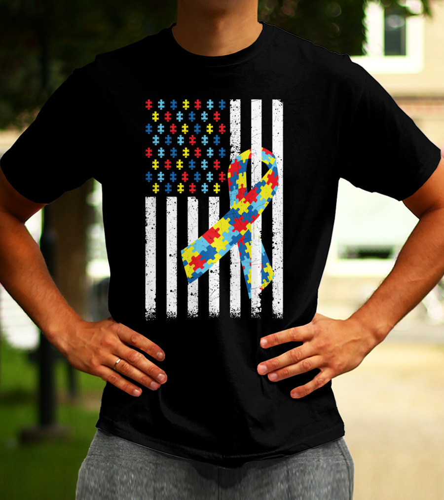 American Flag Jigsaw Puzzle Ribbon Autism Awareness T-Shirt