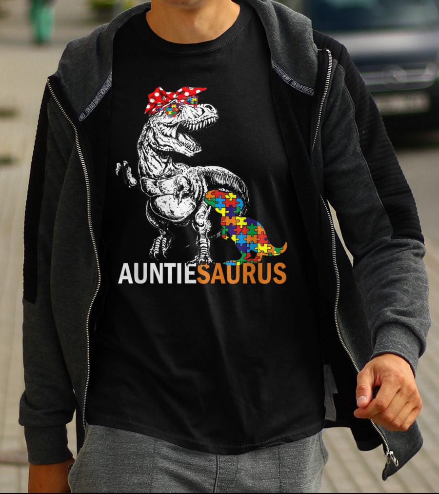 Auntie Saurus Autism Awareness Dinosaur With Puzzle Pieces And Bow T-Shirt