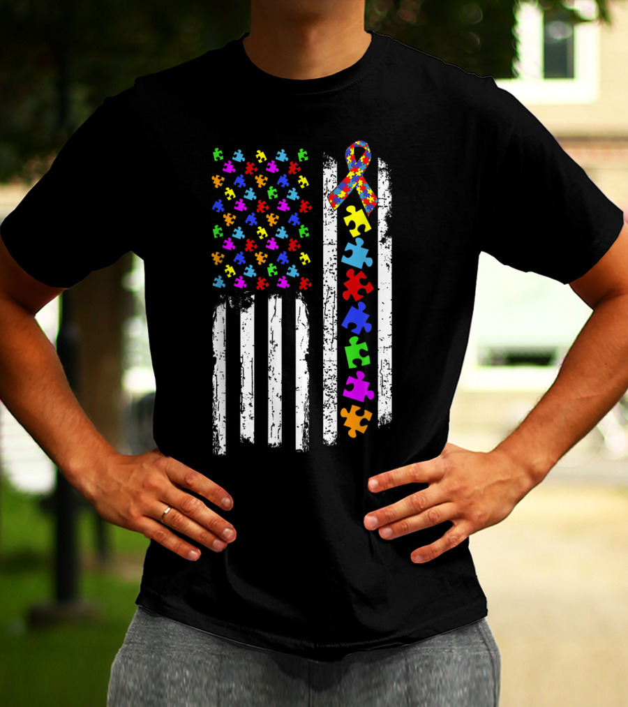 Autism Awareness Puzzle Piece Ribbon American Flag T-Shirt