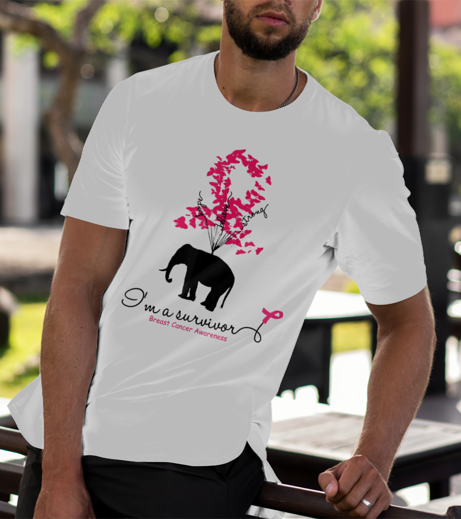 I'm A Survivor Breast Cancer Awareness Pink Ribbon Butterfly Elephant T-Shirt