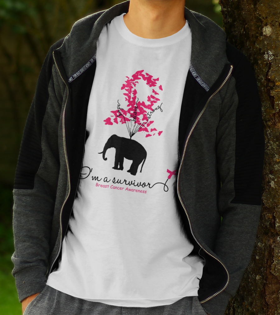 I'm A Survivor Breast Cancer Awareness Pink Ribbon Butterfly Elephant T-Shirt