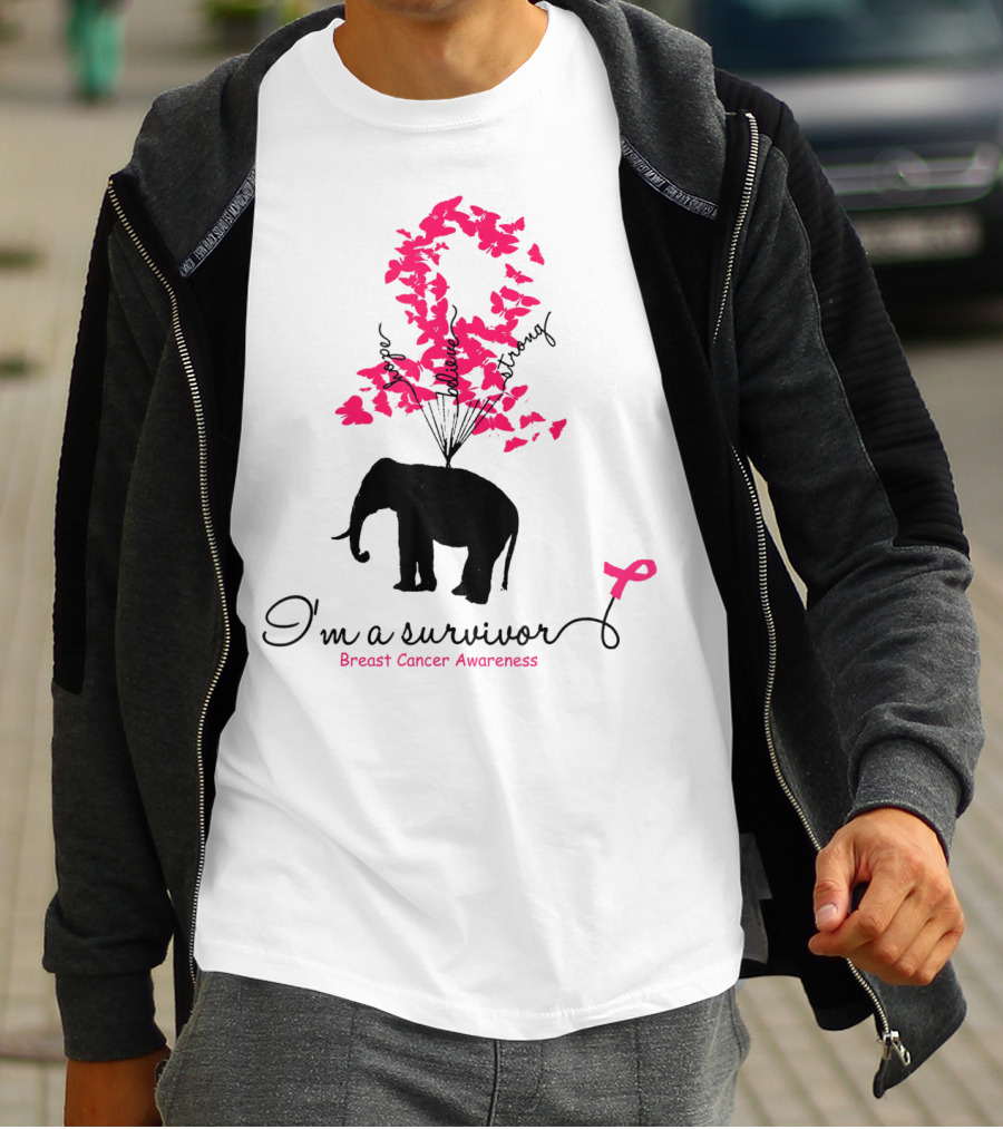 I'm A Survivor Breast Cancer Awareness Pink Ribbon Butterfly Elephant T-Shirt
