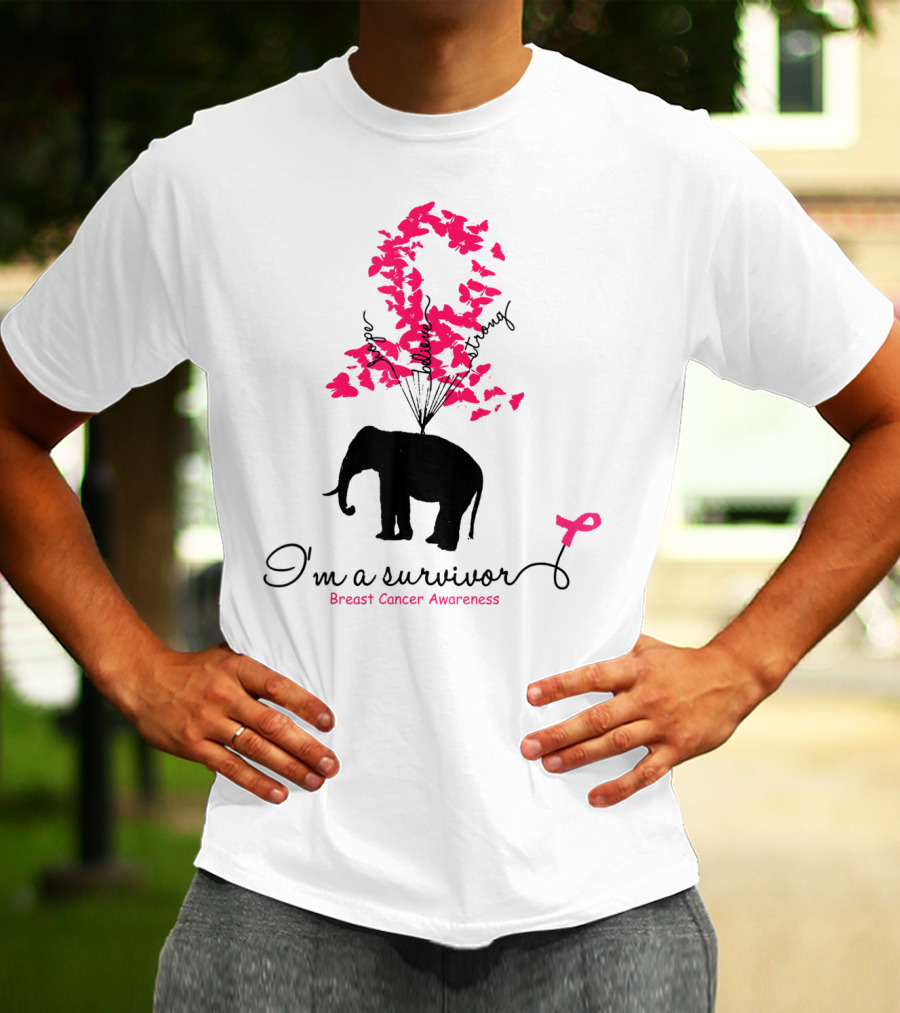 I'm A Survivor Breast Cancer Awareness Pink Ribbon Butterfly Elephant T-Shirt